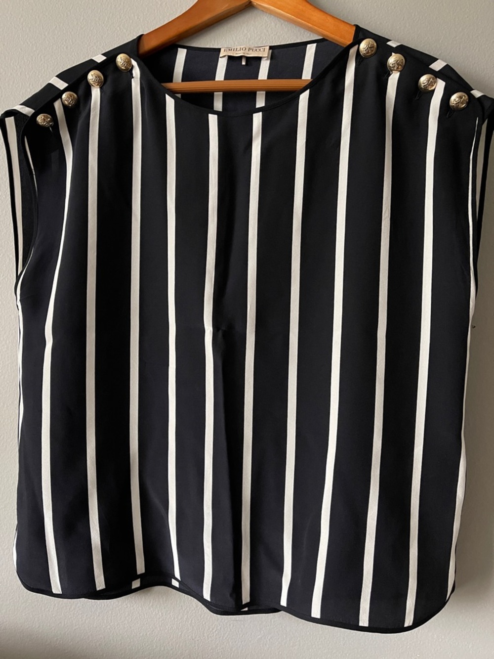 Emilio Pucci Black and White Vertical Stripe Sleeveless Blouse with Gold Buttons